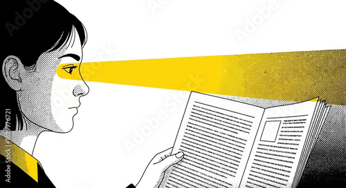 Focused Woman Reads Book with Intense Concentration and Yellow Light Beam on Face