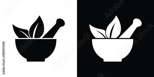 Mortar and pestle icon with leaves. Vector symbol for pharmacy, herbal medicine, traditional chemistry, and natural wellness. Clean graphic design for medical and spa branding.