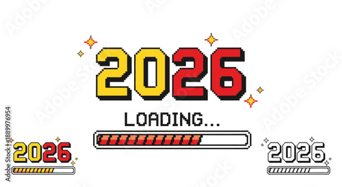 Pixelated 2026 loading bar graphic with sparkling accents and smaller versions.