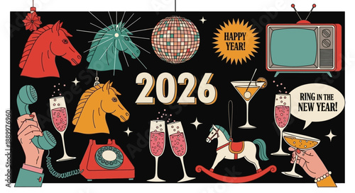 Retro New Year's Eve celebration for 2026 featuring horses, disco ball, vintage TV, cocktails, and champagne.