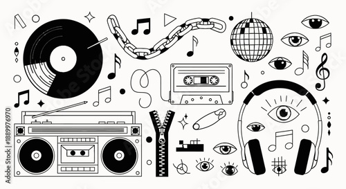 A collection of retro music-related items including a boombox, vinyl record, cassette tapes, headphones, and disco ball.