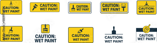 set of yellow caution wet paint signs and icons with brushes isolated