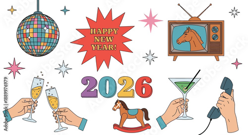 Retro New Year's Eve celebration with disco ball, champagne, and vintage television showing a horse.