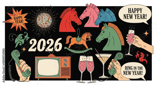 Retro New Year's Eve celebration in 2026 with vintage elements like a television, rotary phones, disco ball, and festive drinks.