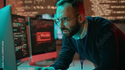 Serious Middle Eastern cybersecurity specialist typing on computer, fighting malware, critical error message visible on screen in background