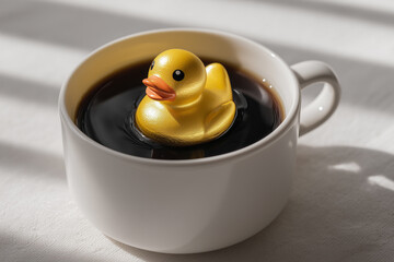 playful surreal concept photograph of a solid gold rubber duck floating in black coffee symbolizing luxury meets everyday life against a neutral background.