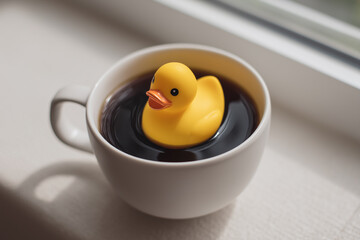 playful surreal concept photograph of a solid gold rubber duck floating in black coffee symbolizing luxury meets everyday life against a neutral background.