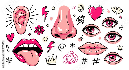 Vibrant Pop Art Collection of Sensory Organs and Symbols on White Background
