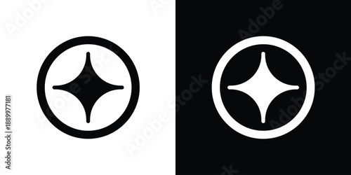 Starburst icon in a circular frame, featuring a minimalist four-point star. Elegant black and white vector symbol for quality, sparkle, or premium branding in modern user interface designs.