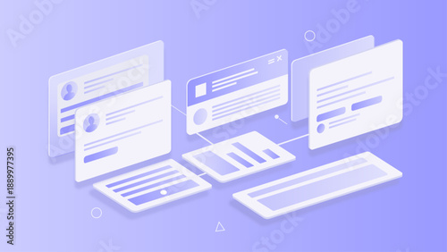 Isometric web dashboard interface purple gradient minimalist layout for software application.
