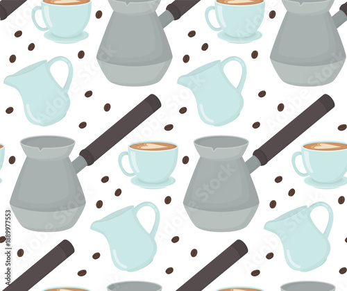 Seamless pattern with cappuccino cup, cezve pot, cream jug and coffee beans. Сoffee shop theme background