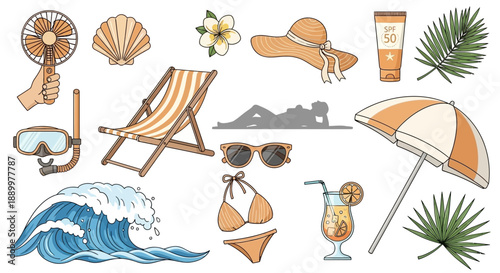 Summer Vacation Essentials: Beach Accessories, Tropical Drinks, and Ocean Wave Illustrations