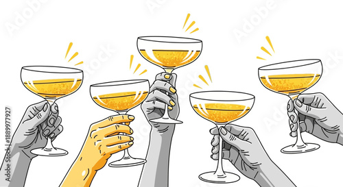 Group Toast with Golden Champagne Glasses, Celebration and Cheers