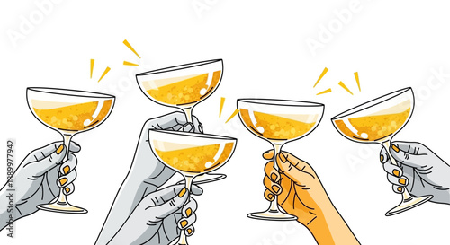 Group of diverse hands toasting with golden champagne or sparkling wine glasses