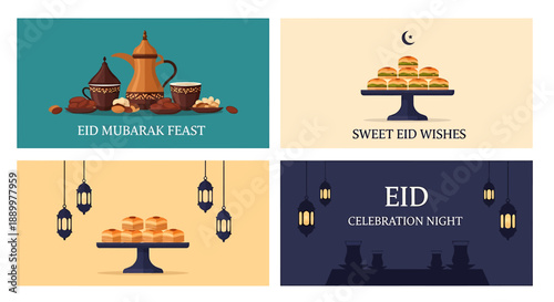 Festive eid celebration collage featuring traditional coffee sweet pastries on cake stands and glowing lanterns