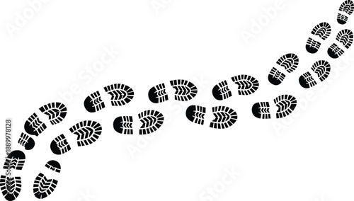 Shoe tread tracks in curved line forming walking route black silhouette illustration