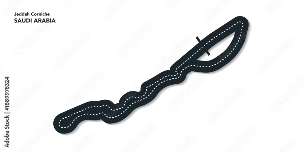 Fototapeta premium F1 Saudi arabia Grand Prix, Jeddah corniche Circuit Vector for Moto GP & Autosport, Wavy road with curves and speed path. Top view of race track. vector illustration isolated transparent background.