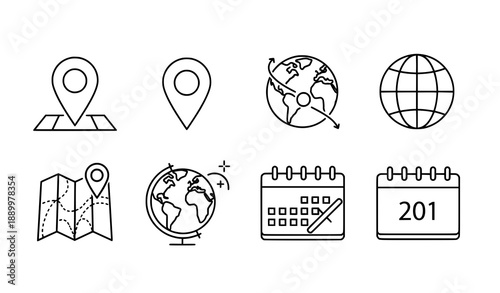 Modern Line Icons of Location Globe and Calendar for Travel and Planning