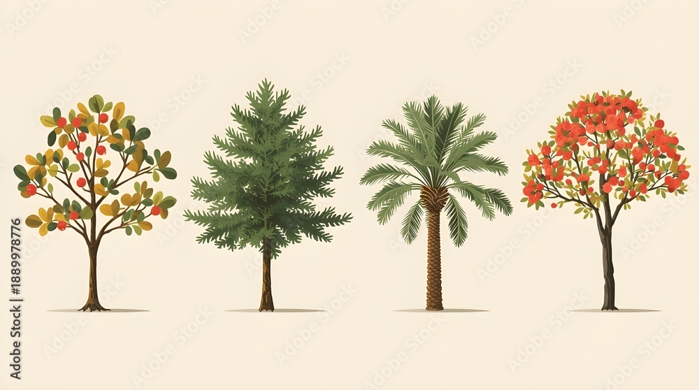Fototapeta premium Four stylized tree illustrations depict different types of foliage.
