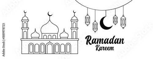 Ramadan Kareem greeting card with mosque and lanterns