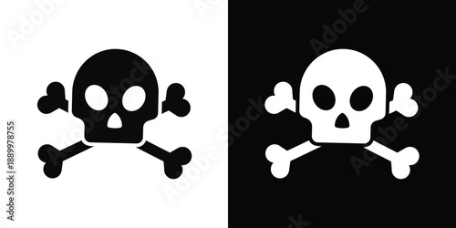 Vector illustration of a skull and crossbones icon in black and white styles. Symbol for danger, poison, pirate, or death warning. Minimalist graphic design for safety signs and web UI.