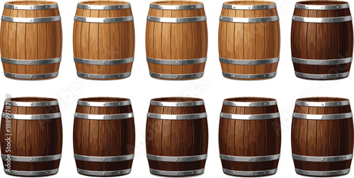 Wooden barrel collection in different shades isolated on white background storage wine whiskey beer casks