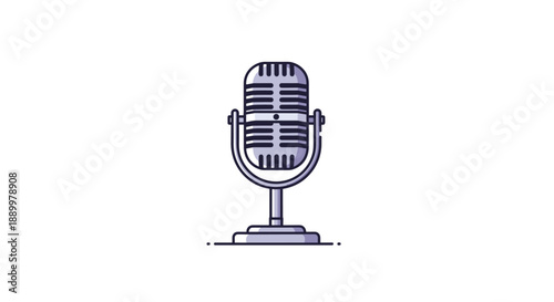 Classic retro silver microphone on a short stand shown in a stylized graphic illustration style, perfect for themes of music, podcasting, and radio.
