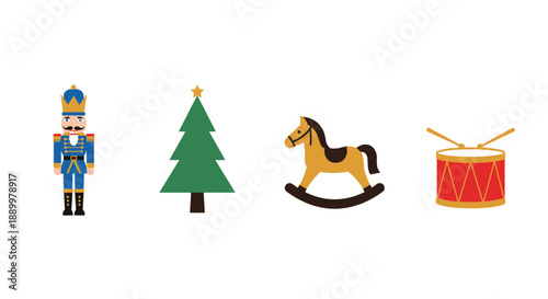 Traditional christmas toy set including a colorful nutcracker, evergreen tree, rocking horse, and drum on a clean white background.