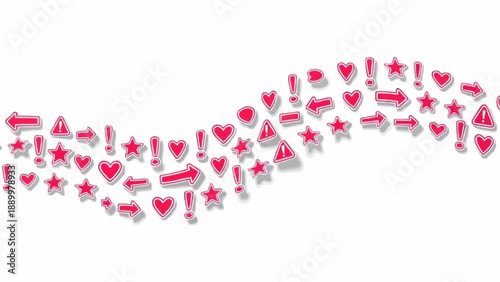 Pink hearts stars and symbols wave on white background