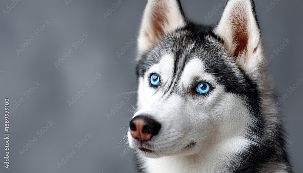 Obraz premium Stunning Siberian Husky with Enigmatic Light Blue Eyes, Perfect for Photography and Pet Lovers.