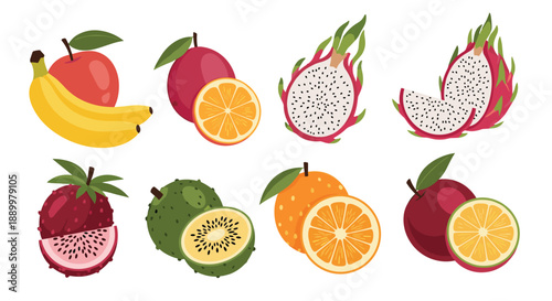 Colorful collection of exotic tropical fruits including bananas, apples, oranges, dragon fruit, and kiwis, shown both whole and sliced on a white base.