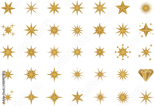 Golden starbursts and glittering star elements for festive backgrounds and celebrations. Features a variety of sparkling and radiant designs in a warm metallic hue.