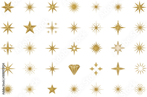 Assortment of sparkling gold stars and starbursts, ideal for creating a magical and luxurious atmosphere in designs for holidays, awards, or special occasions. Metallic shimmer and radiant effects.