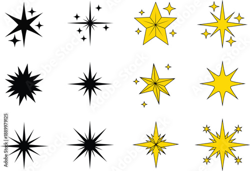 A striking set of black and yellow starburst icons with sharp points and glittering effects, perfect for conveying excitement, awards, or magical moments.