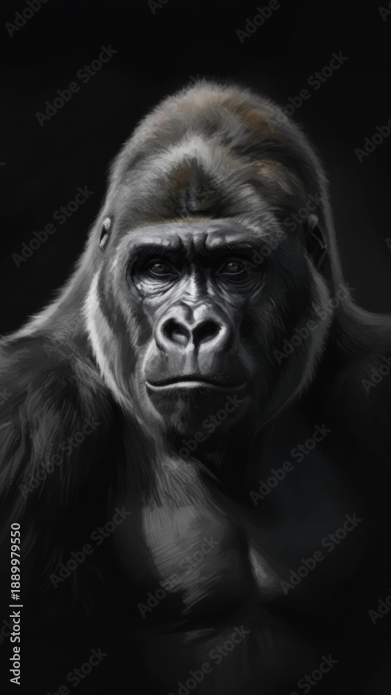 Fototapeta premium Majestic Gorilla Portrait in Low Light Highlighting Intense Expression and Shadowed Fur
