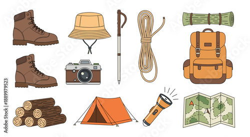 Comprehensive collection of camping and hiking gear items including a backpack, tent, boots, camera, flashlight, map, and tools for outdoor adventure.