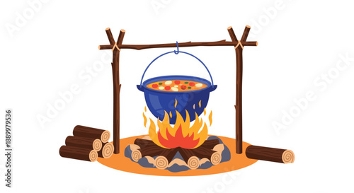 Outdoor scene showing a large blue pot of vegetable soup cooking over an open campfire with wood logs and stones, symbolizing rustic outdoor dining.