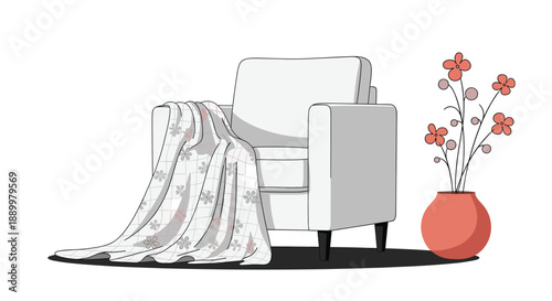 Modern living room interior detail featuring a comfortable white armchair with a floral blanket and a stylish terracotta vase with pink flowers on white.