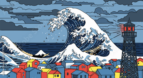 A Vector Illustration of a Coastal Town Facing a Giant Wave and a Lighthouse Under a Cloudy Sky