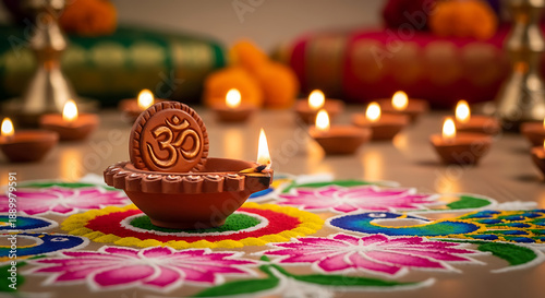 Diya lamp with Om swastika symbol on colorful rangoli during Hindu festival celebration