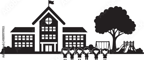 Black and white of a school building with children and playground swing set