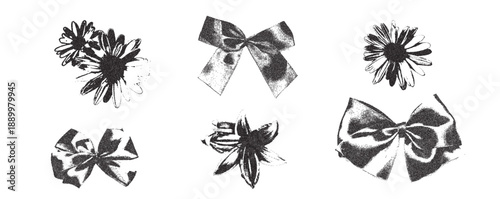 Photocopy stipple texture vintage y2k bow, flowers. Daisy, ribbon threshold collage effect. Gritty stippling black grunge girly summer floral, bowknot elements. Vector retro coquette shapes isolated.