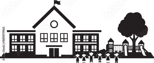 Black and white silhouette of a school building with a playground and children kids
