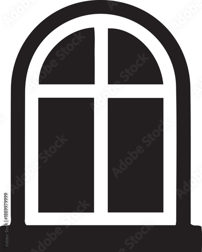 Black arched window silhouette with white panes and sill