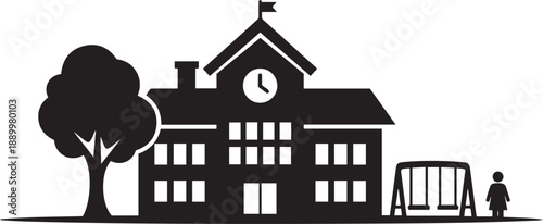 Black silhouette of a school building with a clock and flag on a white background with a tree and playground swing set