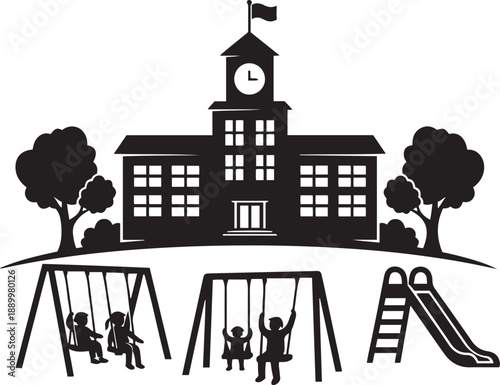 Black silhouette of a school building with a clock tower and playground equipment with children on swings and a slide