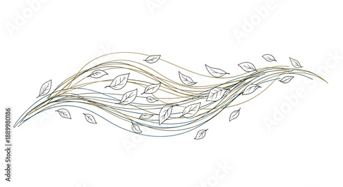 Abstract drawing of fine lines and green leaves depicting a gentle wind blowing across a clean white space for natural design.
