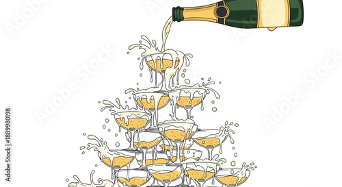 Elegant champagne glass pyramid being filled from a bottle with flowing sparkling wine and bubbles for celebration and toast events.