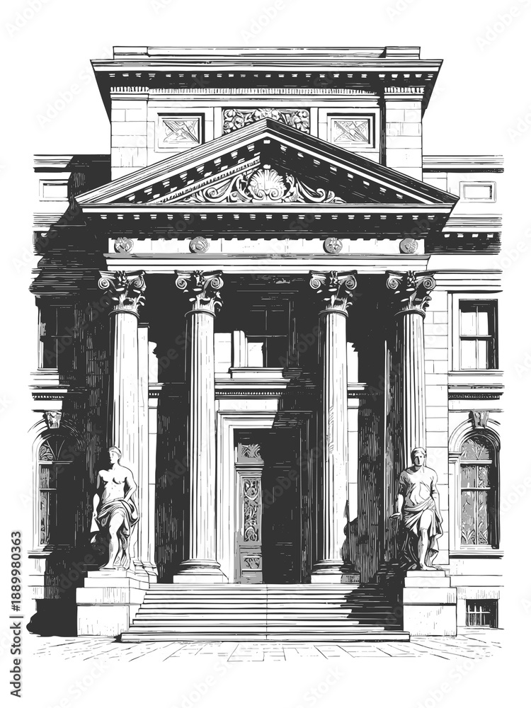 Naklejka premium grand neoclassical building entrance with columns, statues, and ornate architectural elements sketch engraving generative ai fictional character raster illustration. Scratch board. Black and white.