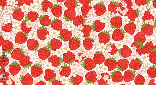 Dense seamless pattern packed with ripe red strawberries and small white flowers on a white background for vibrant fruit themes.